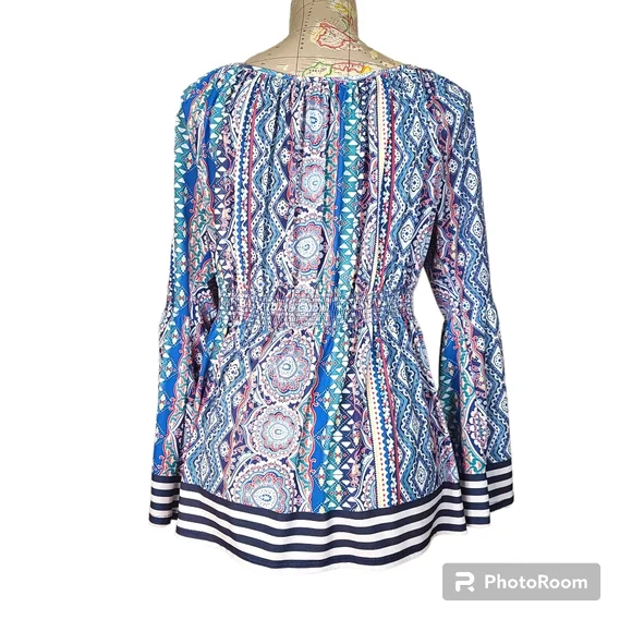 Boston Proper Size Large White Colorful Bell Sleeve Blouse Bohemian Patchwork - Picture 2 of 9